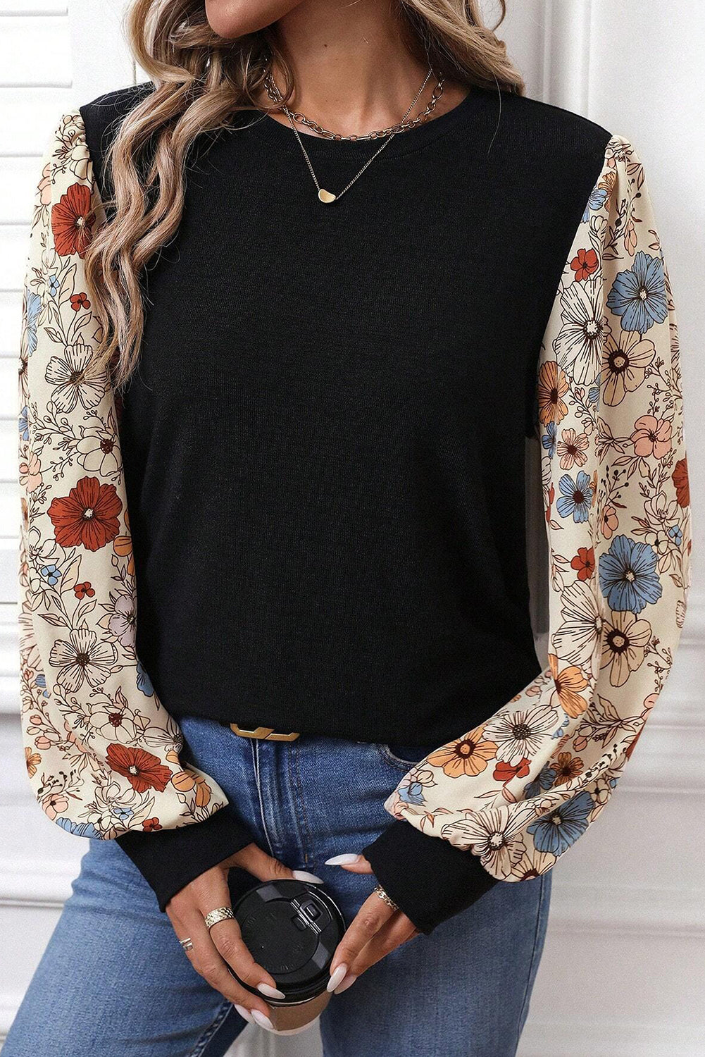 Khaki Leopard Puff Sleeve Patchwork Top