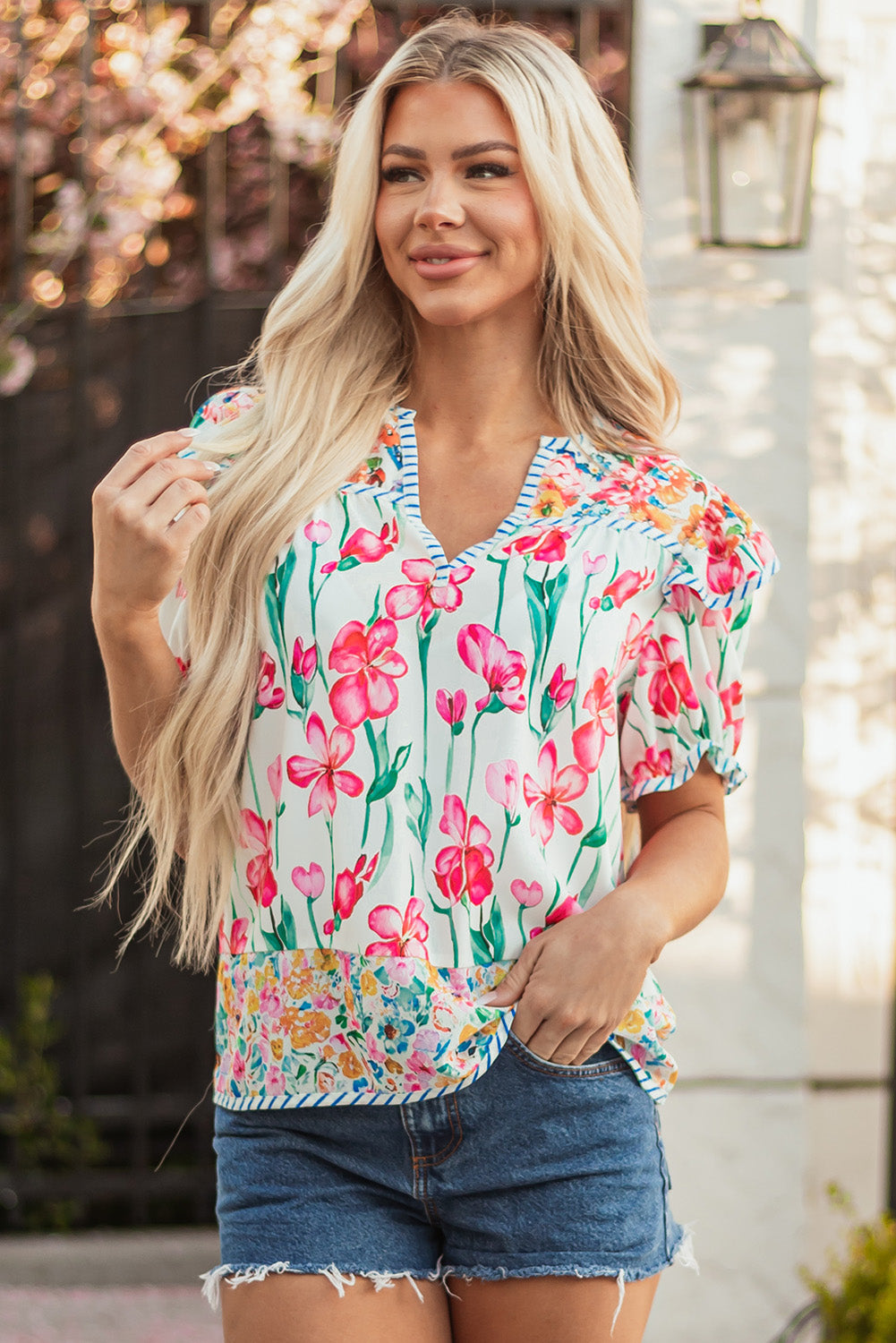 Pink Plus Size Floral Print Striped Trim V Neck Blouse