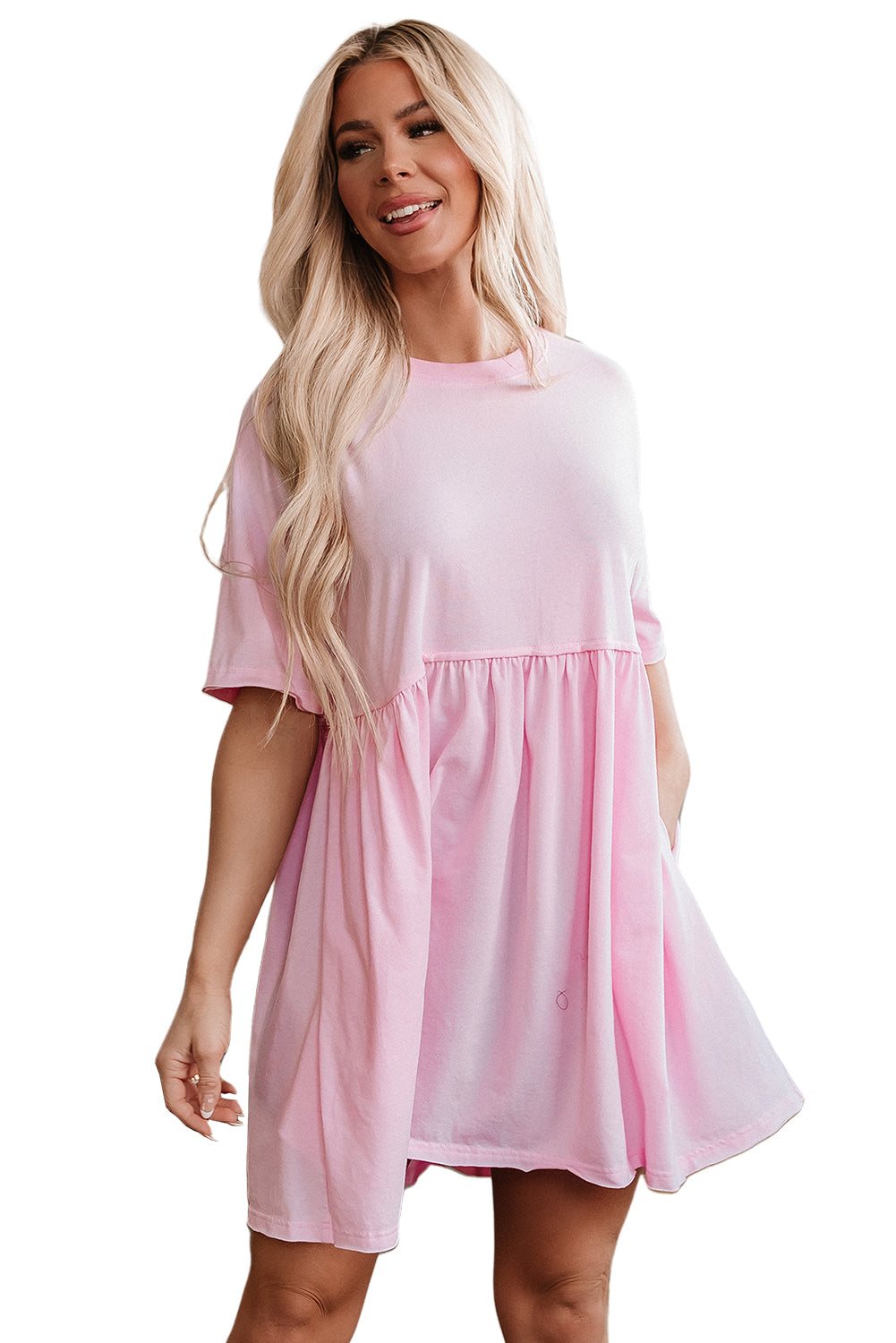 Sky Blue Solid Color Pocketed Raw Edge Babydoll Dress