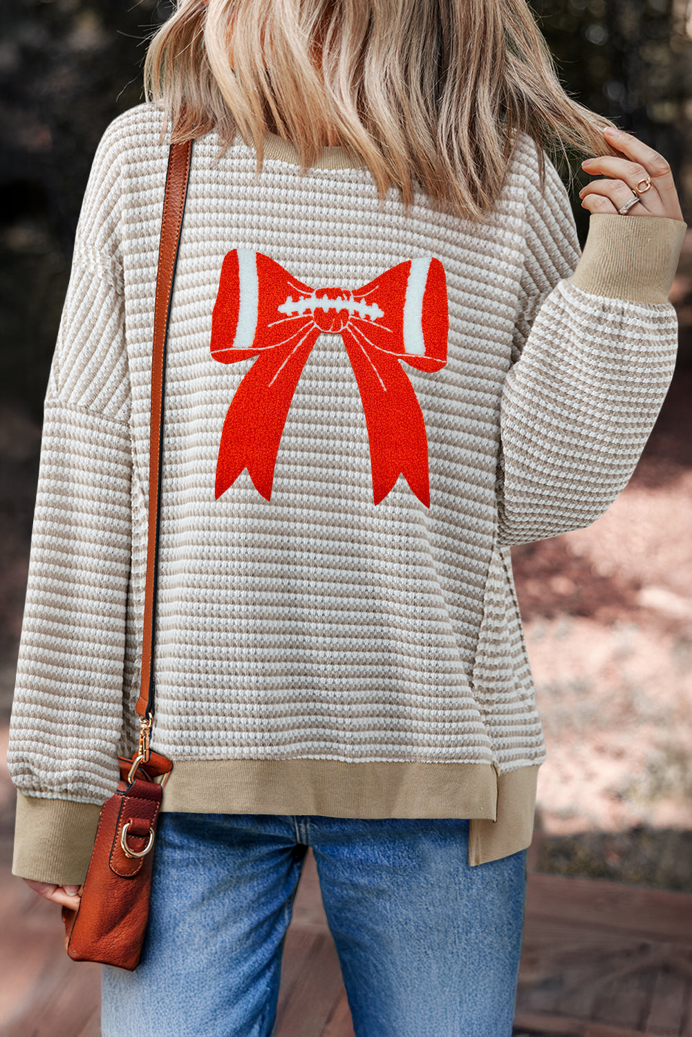 Red Stripe Ribbed Trim Drop Shoulder Long Sleeve Oversize Top