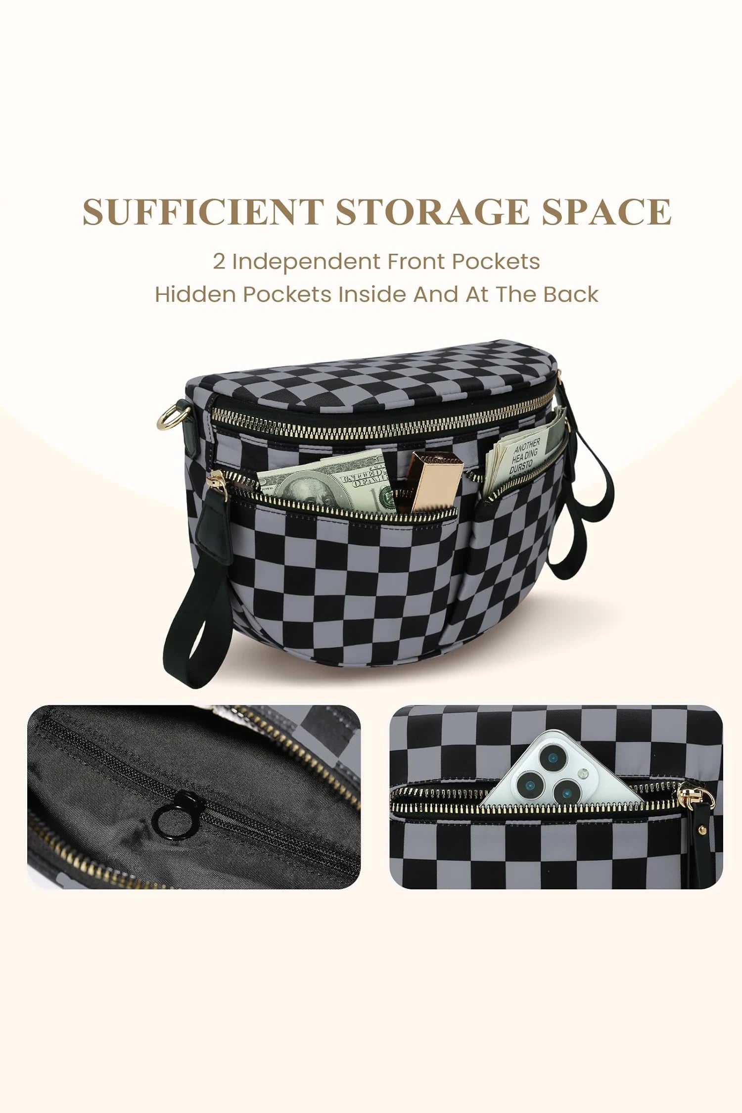 Color black Checkered Print Multi Pocket Zipped Canvas Crossbody Bag