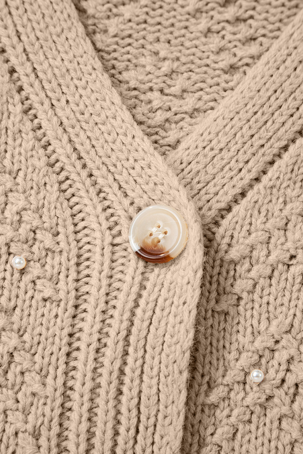 Smoke Gray Pearl Embellished Button Front V Neck Sweater Cardigan