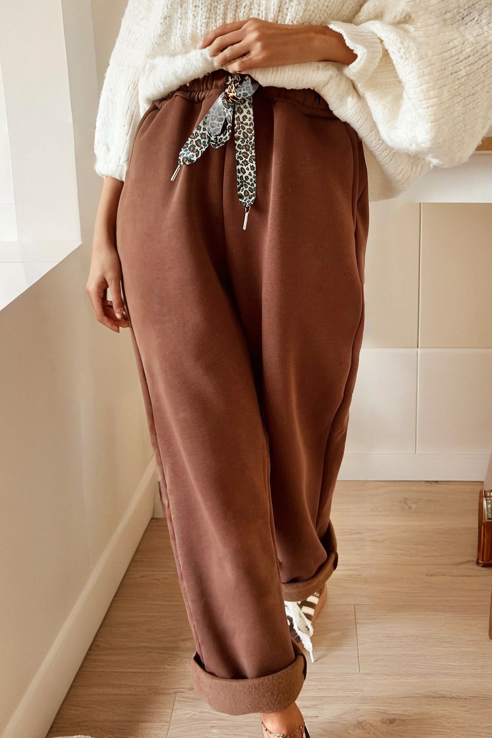 Gray Morn Corduroy Leopard Drawstring High Waist Trousers