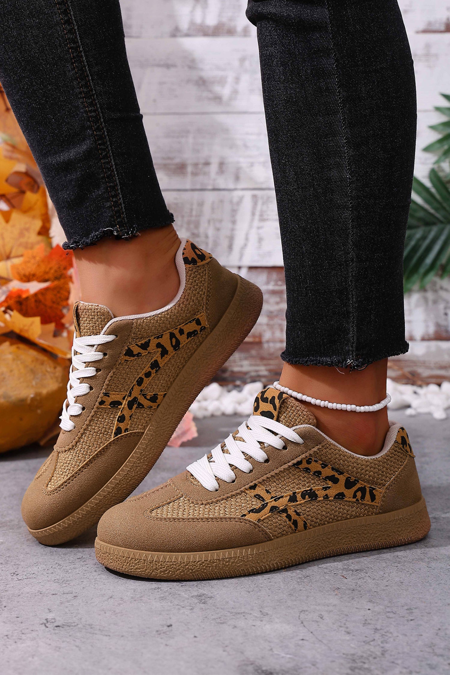 Coffee Faux Suede Contrast Patchwork Detail Lace Up Flat Sneakers