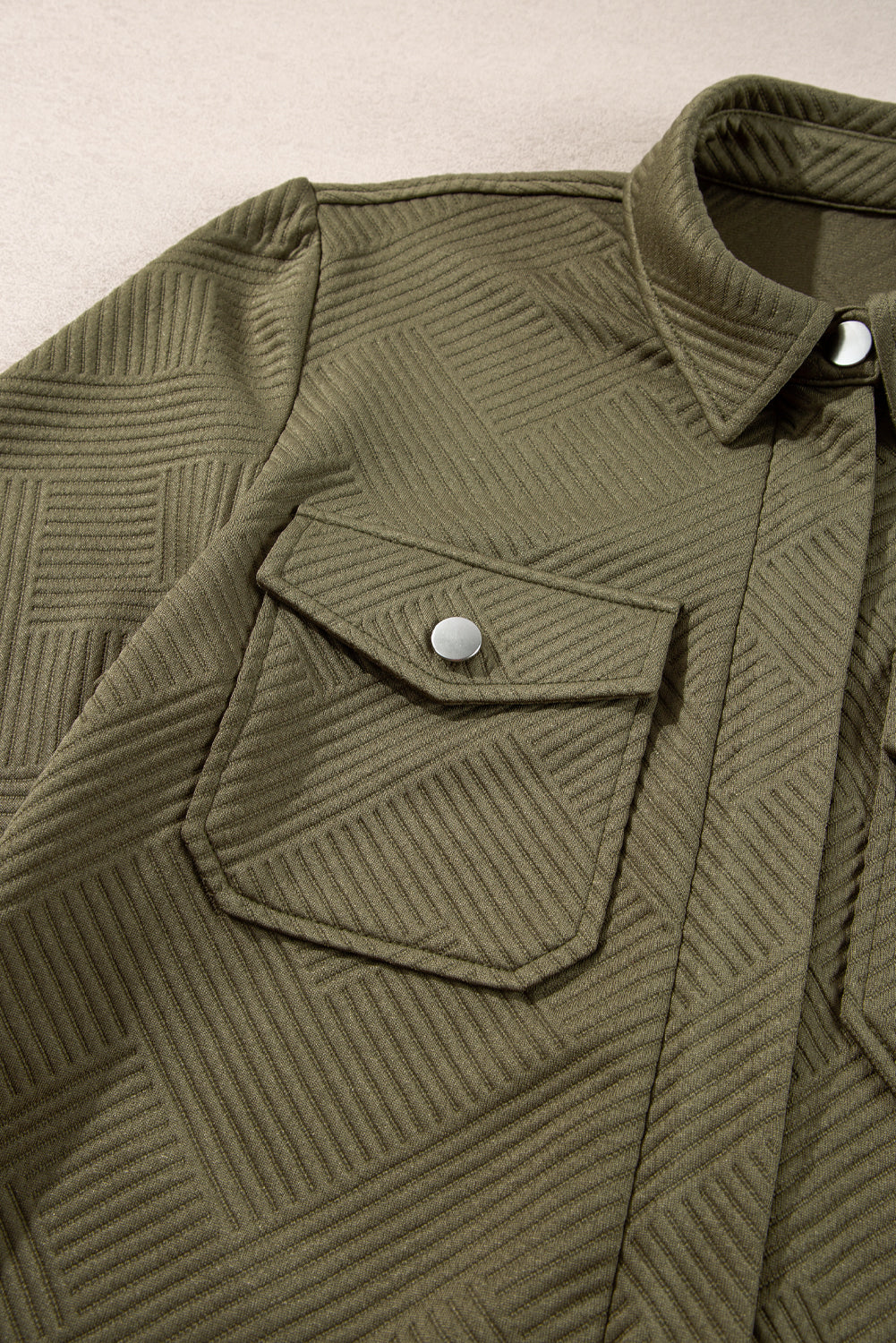 Coffee Solid Color Zip Up Button Flap Pocket Shirt Collar Jackets