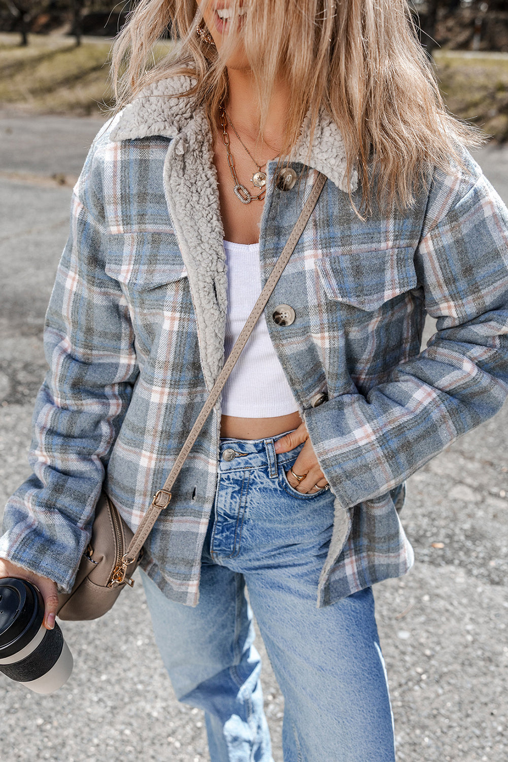 Sky Blue Stripe Sherpa Collar Cuffs Patchwork Plaid Shirt Jacket with Chest Pocket