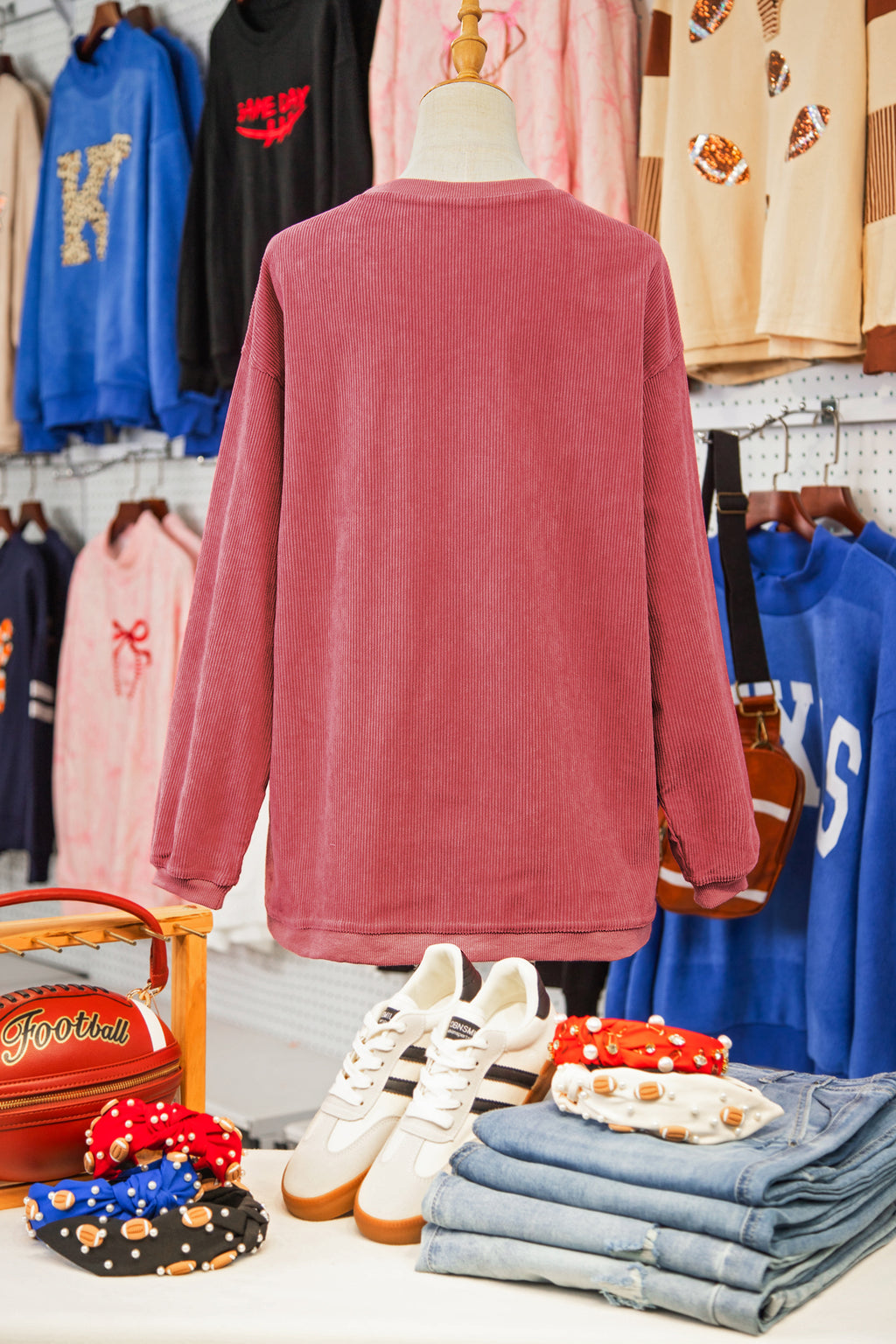 Strawberry Pink Corded Ribbed Bama Embroidered Letter Graphic Sweatshirt