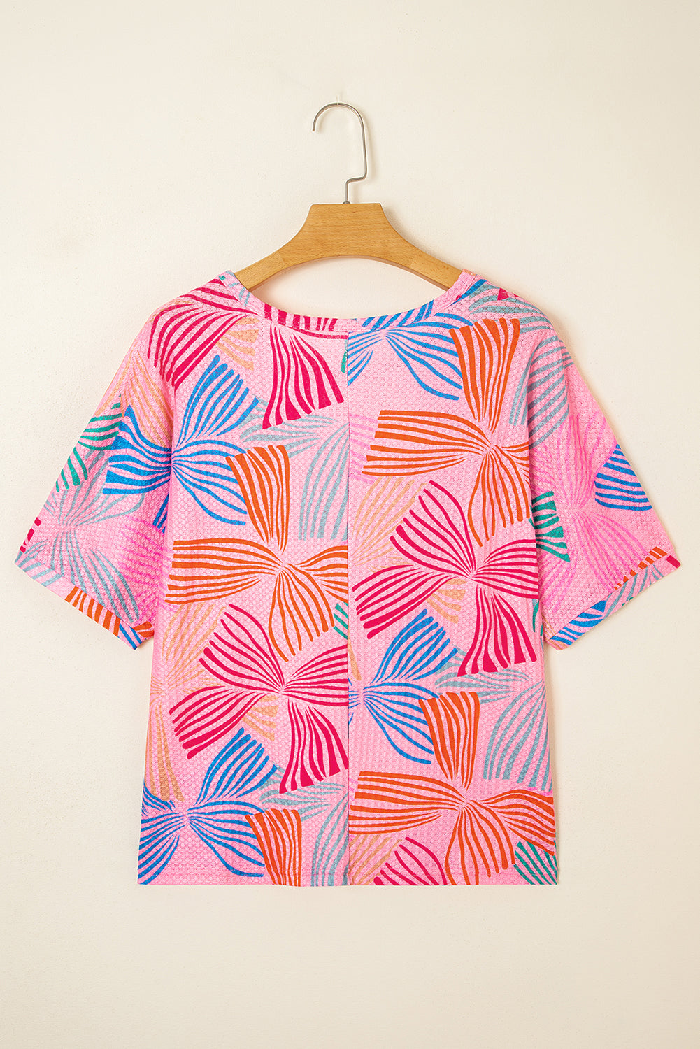 Multicolour Bowknot Printed Waffle Crewneck Loose Short Sleeve Top