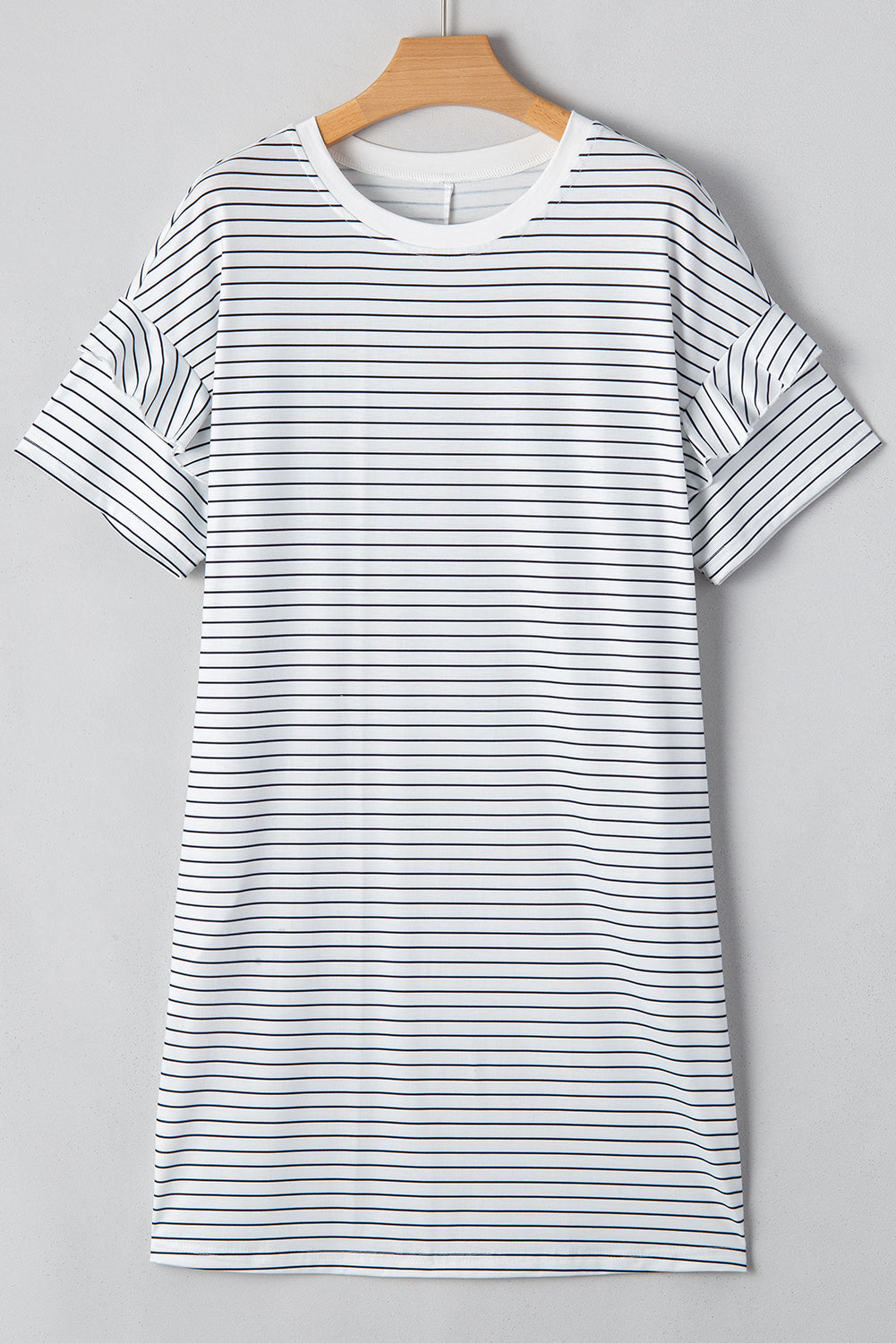 Black Stripe Ruffled Short Sleeve Crew Neck T Shirt Shift Mini Dress