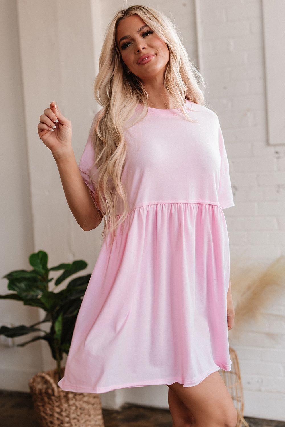 Sky Blue Solid Color Pocketed Raw Edge Babydoll Dress