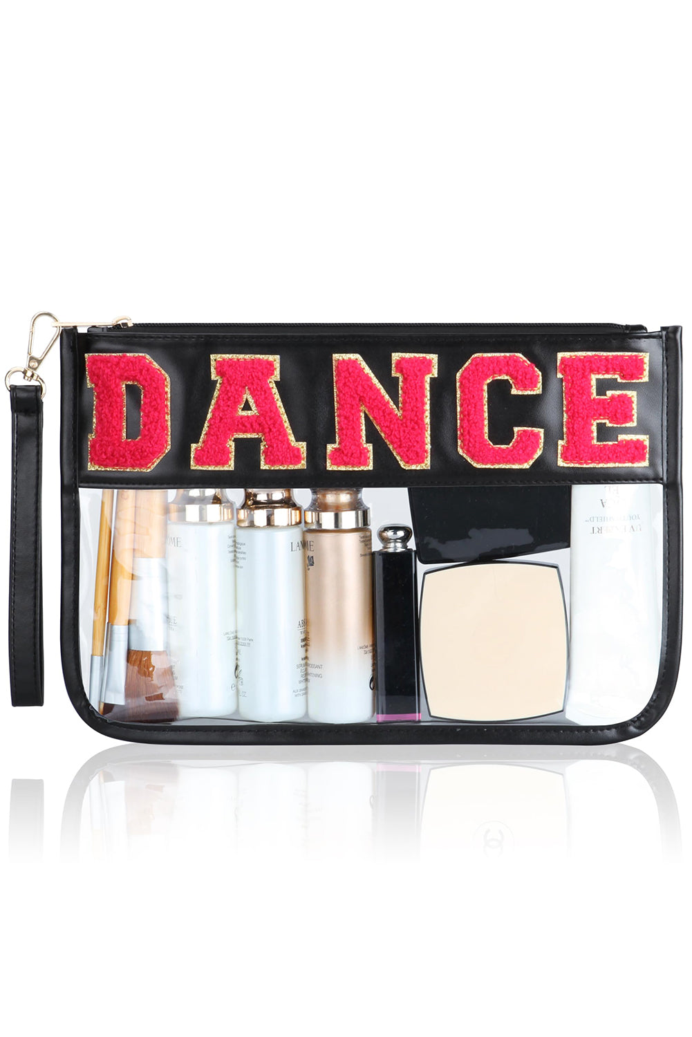 Fiery Red CHEER Chenille Letter PU Leather Patchwork Clear Makeup Bag
