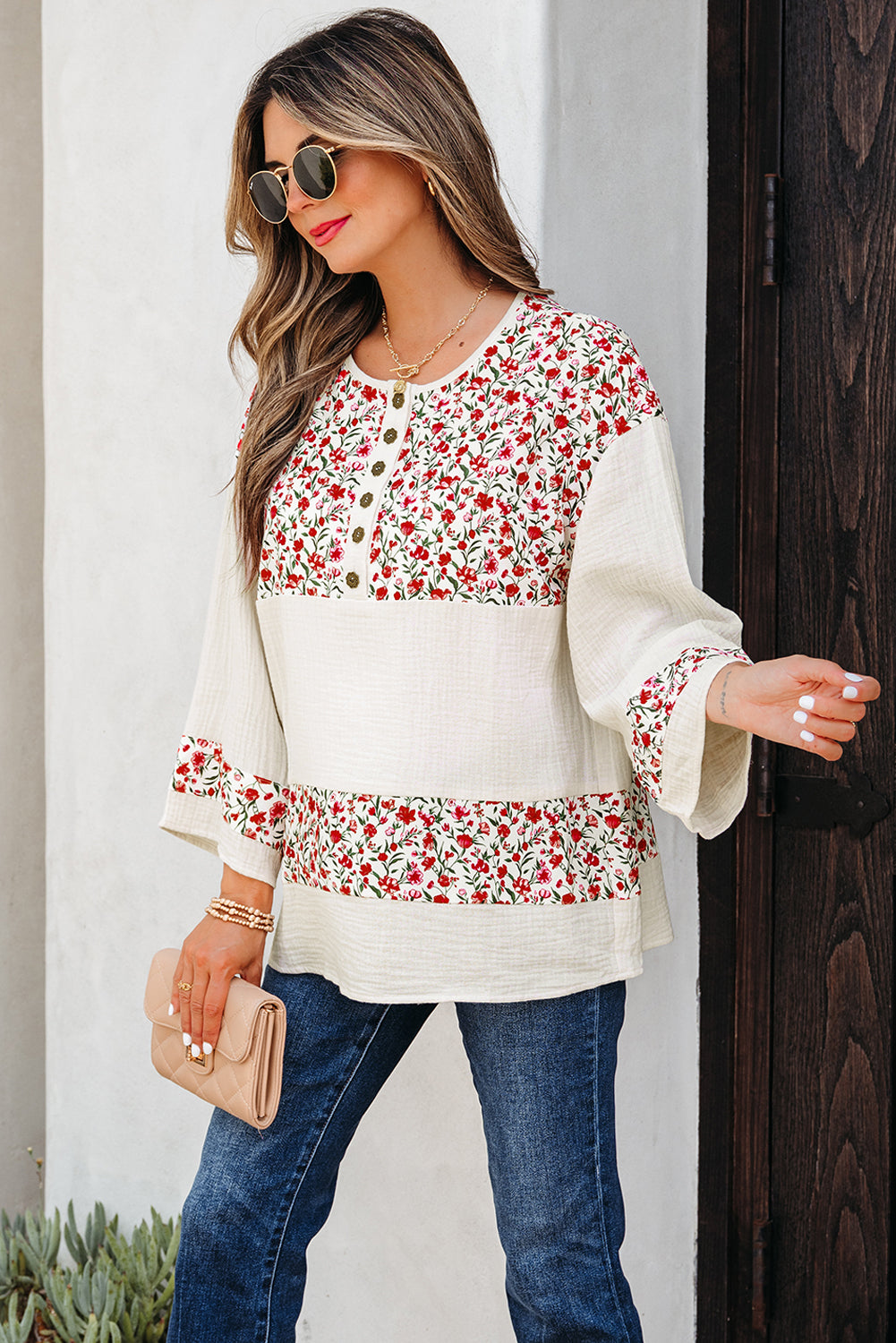 Sky Blue Floral Print Gauze Patchwork Henley Button 3/4 Sleeve Blouse