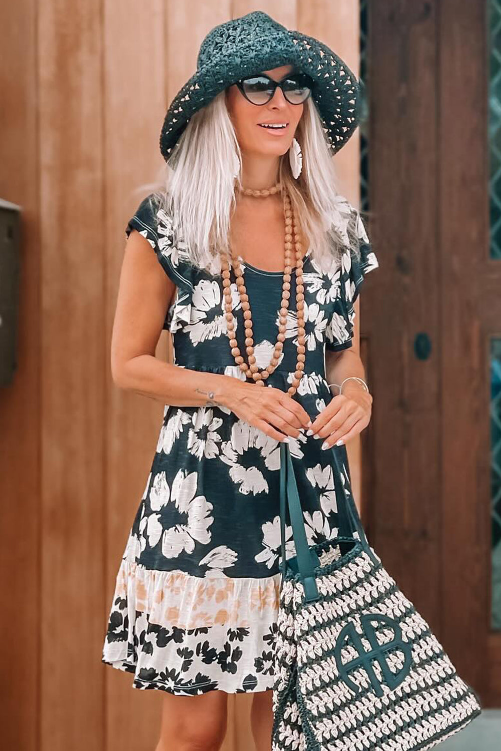 Green Floral Print Ruffle Sleeve Empire Waist Mini Dress