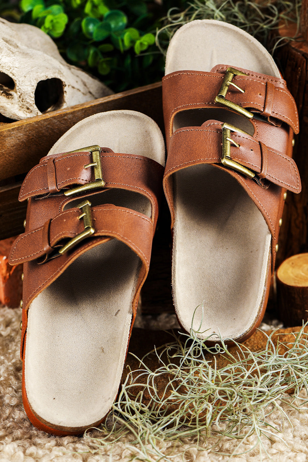 Chestnut Suede Buckle Decor Footbed Sandal Slippers
