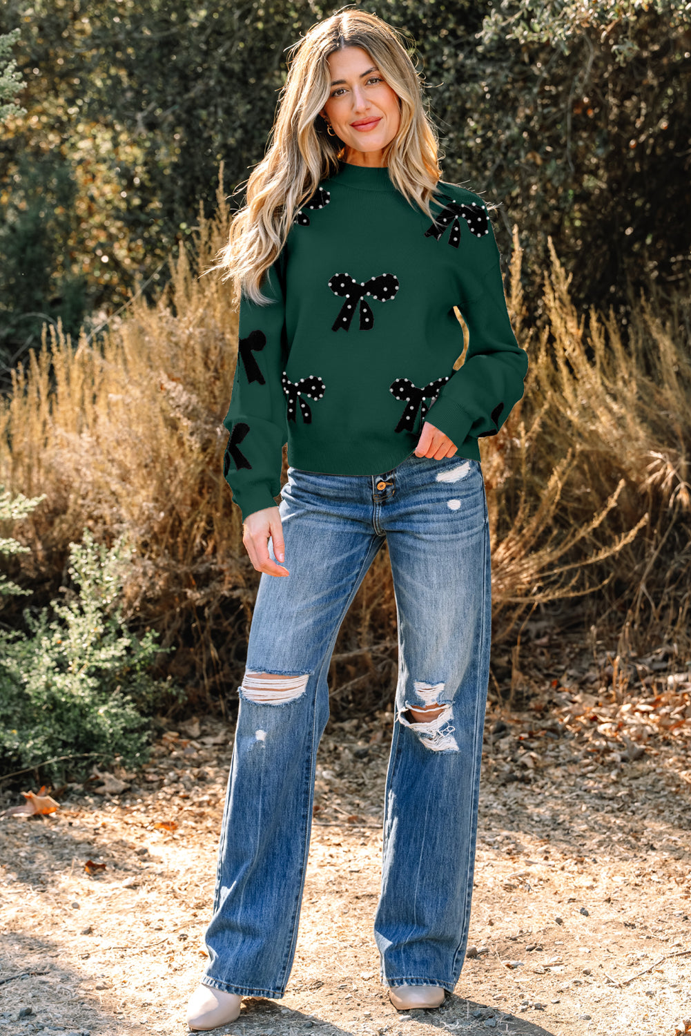 Bright Pink Pearl Embellished Bow Pattern Loose Sweater