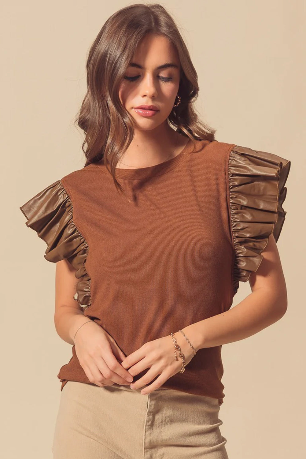 Black GAME DAY Checkered Letter Graphic Leatherette Ruffle Sleeve Top