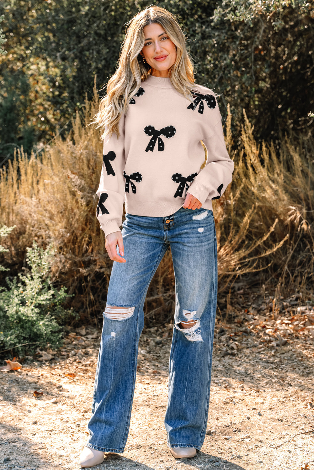 Bright Pink Pearl Embellished Bow Pattern Loose Sweater