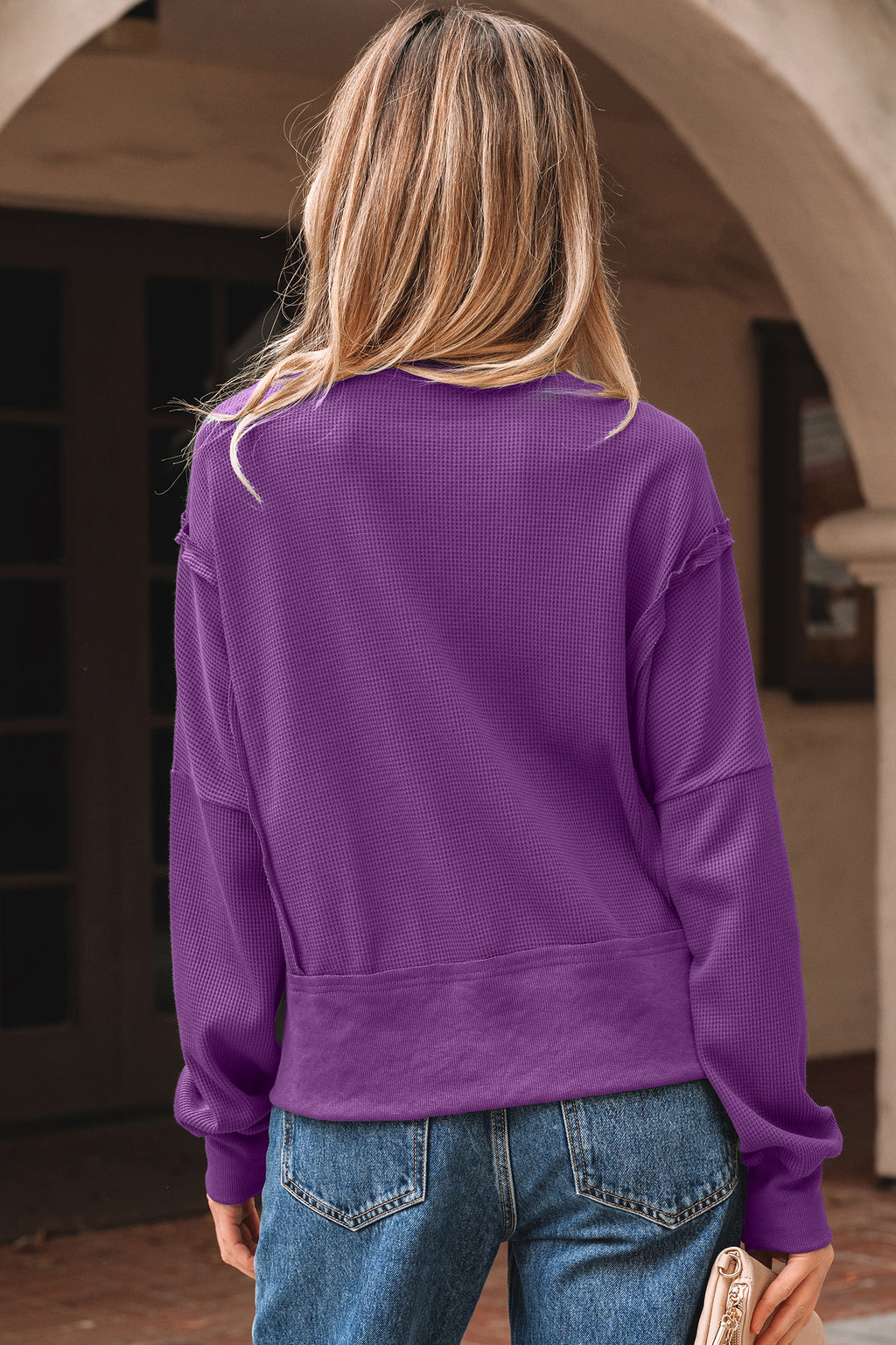 Evergreen Solid Color Raw Seam Patchwork Textured Drop Shoulder Sweatshirt