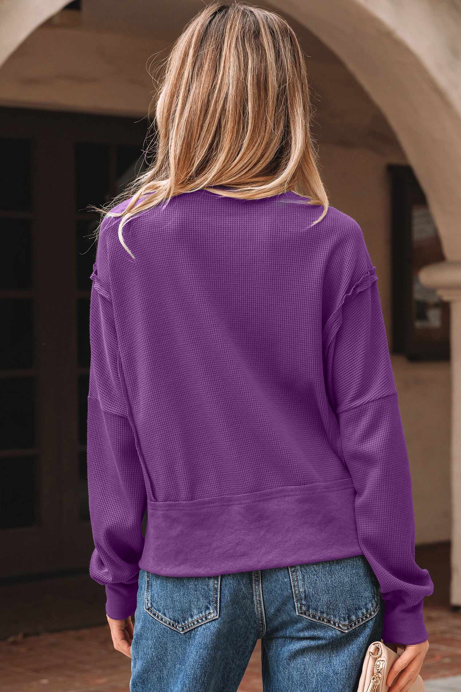 Evergreen Solid Color Raw Seam Patchwork Textured Drop Shoulder Sweatshirt