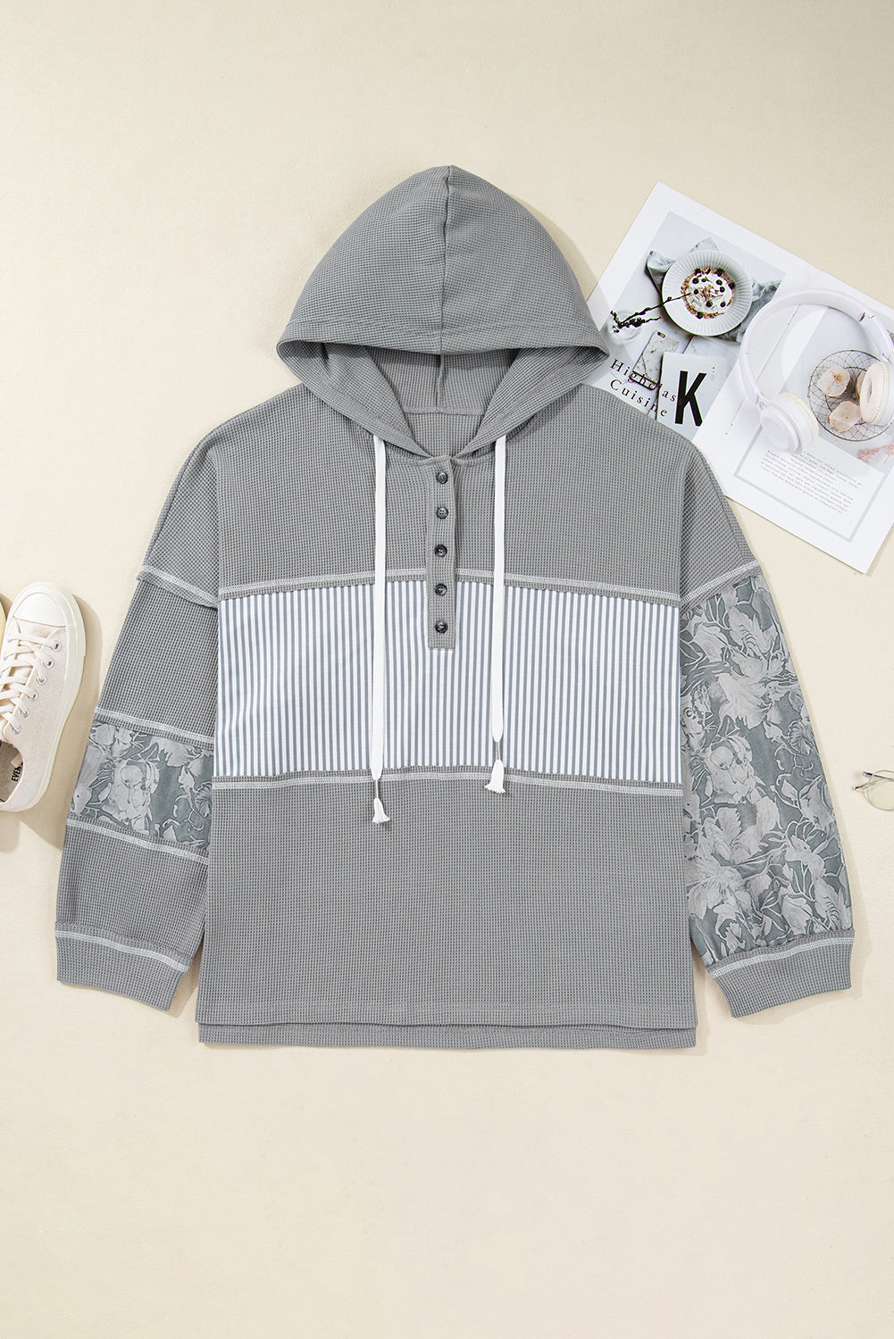 Gray Waffle Printed Patchwork Drawstring Hooded Long Sleeve Top