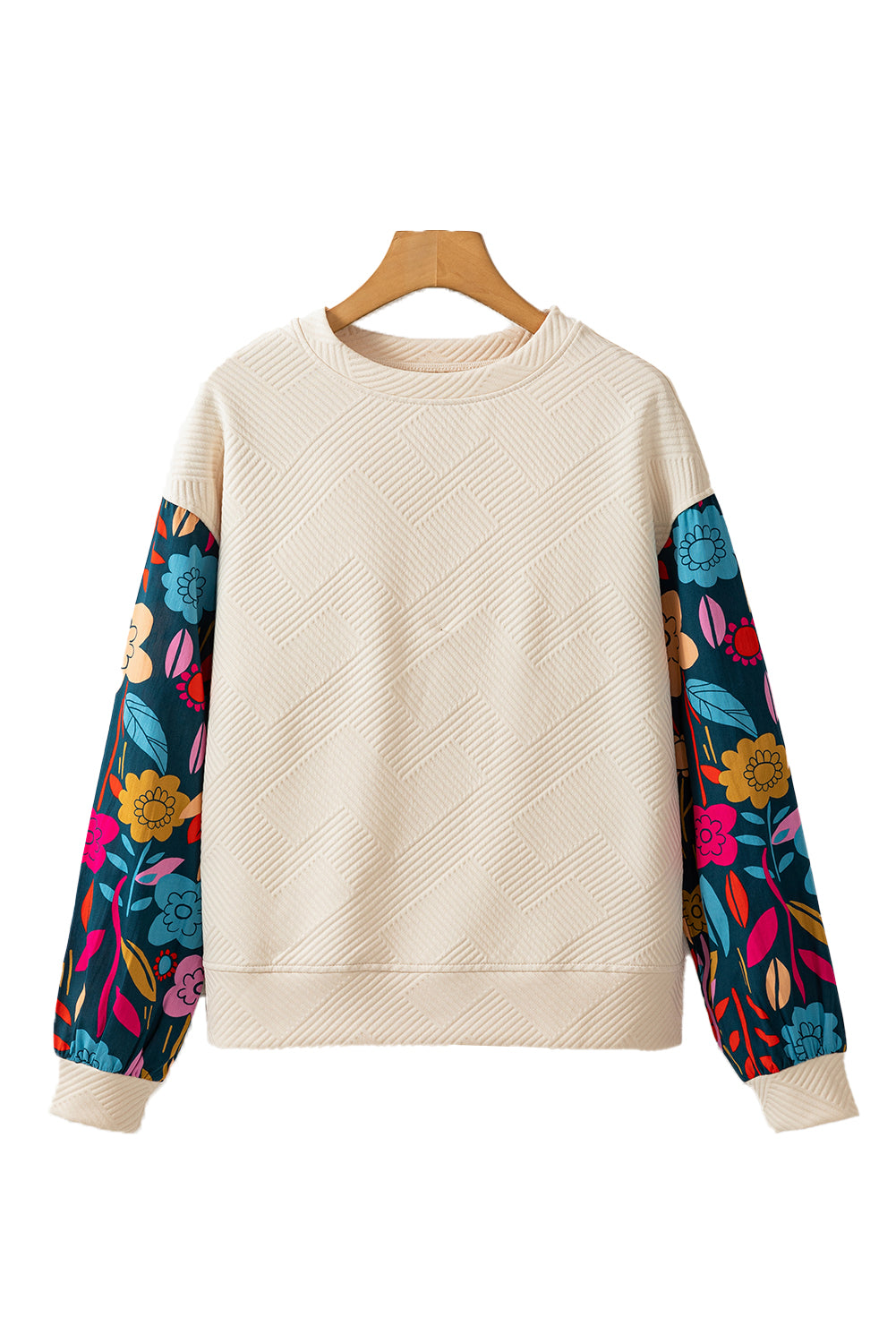 White Floral Patchwork Sleeve Textured Plus Size Pullover Top