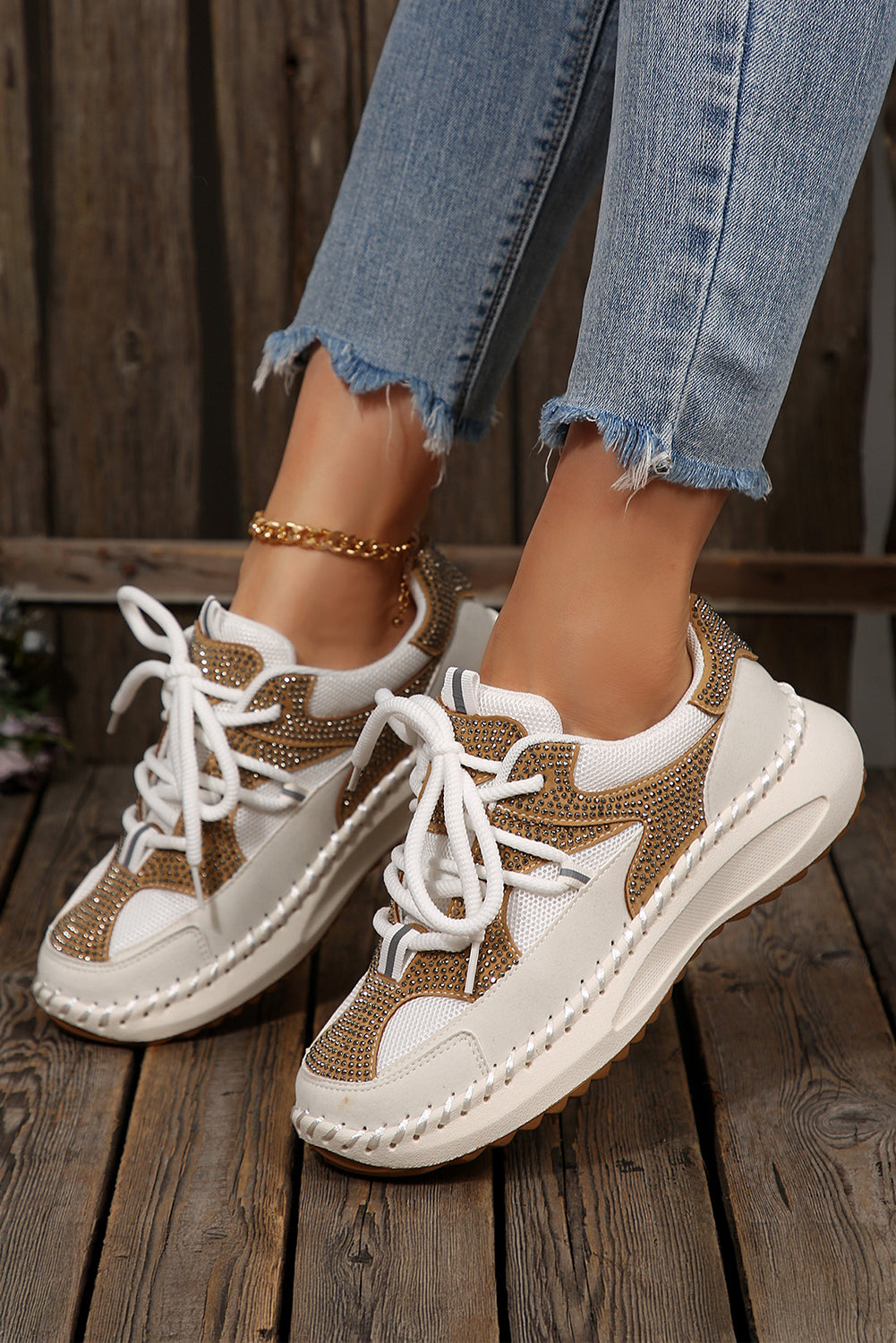 Fiery Red Rhinestone Embellished Color Block Patchwork Lace-up Breathable Sneakers