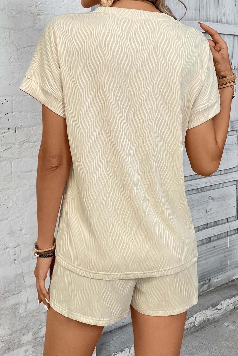 Apricot Textured Crew Neck Tee and Shorts Set