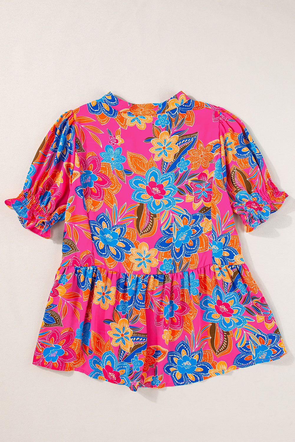Pink Abstract Printed Puff Short Sleeve Tiered Loose Dress