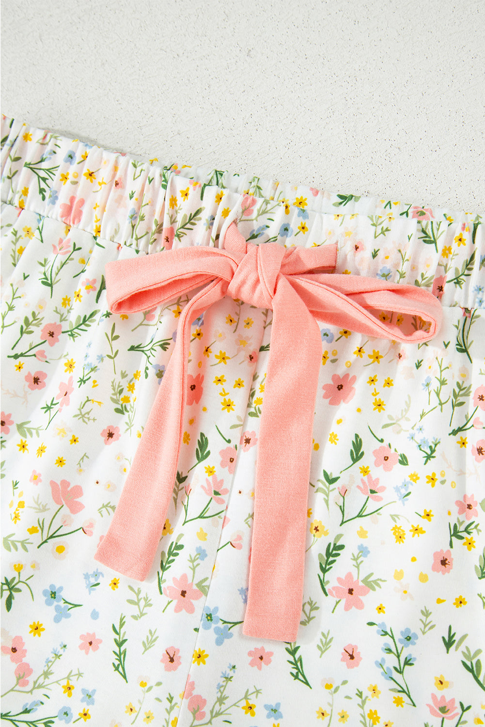 Beige Bow Fruit Print Contrast Pipping Short Pajamas Set