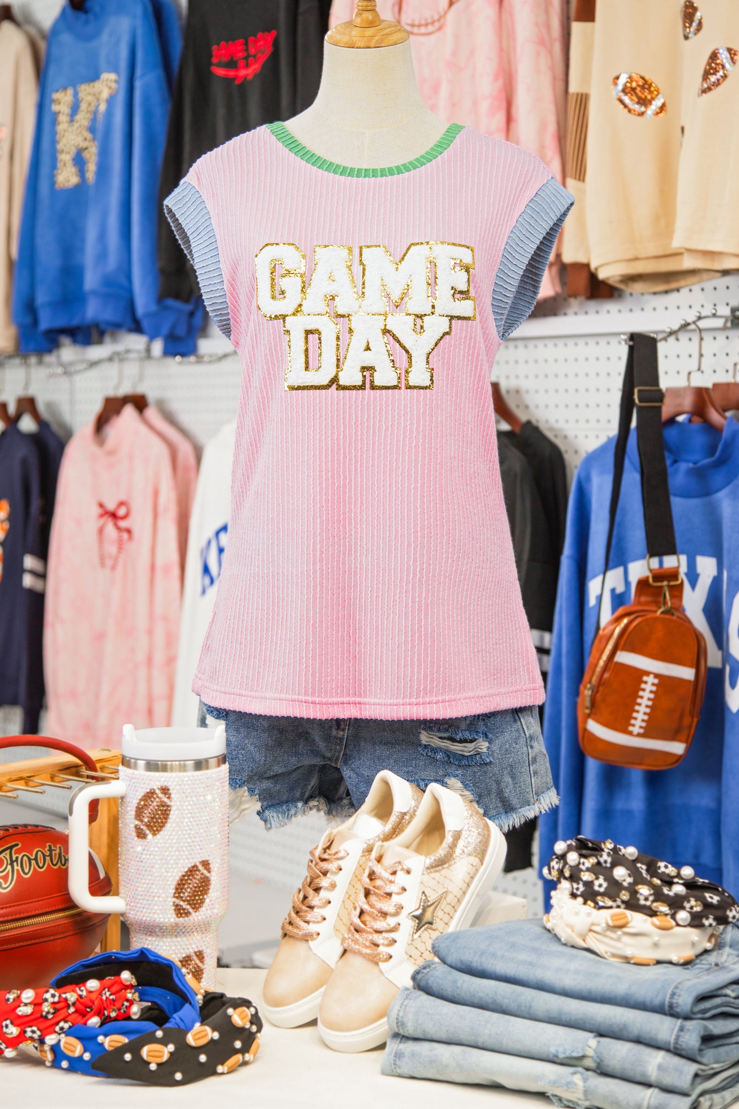 Pink Sequin GAME DAY Graphic Corded Rib Knit Colorblock T Shirt
