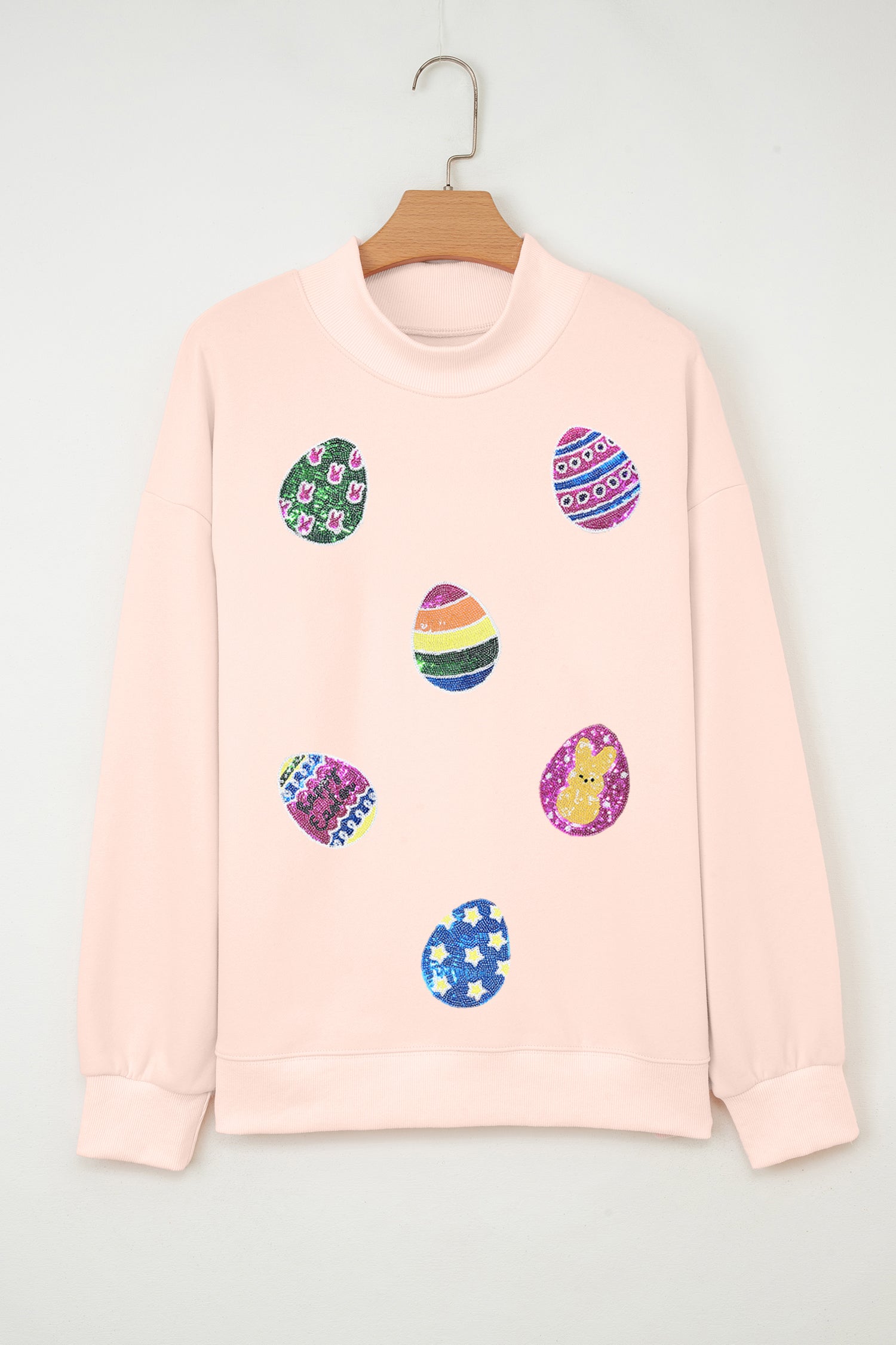 Apricot Pink Artistic Easter Eggs Sequin Patch Graphic Mock Neck Sweatshirt