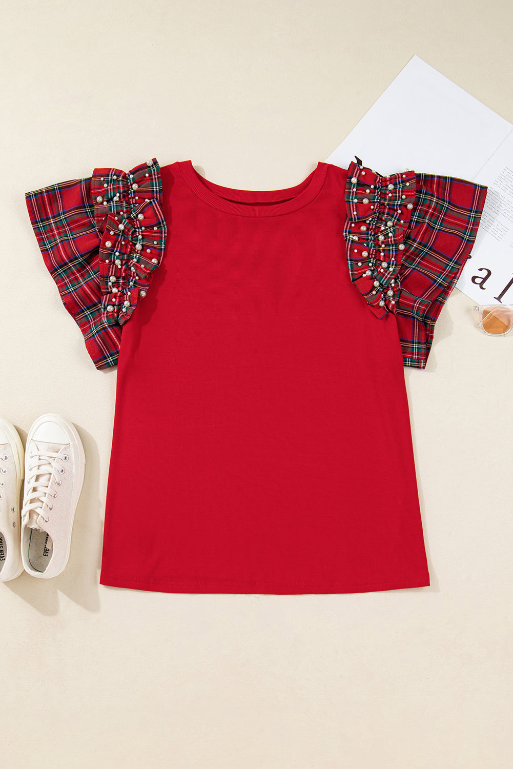Red Festive Plaid Pearl Embellished Ruffle Short Sleeve Blouse