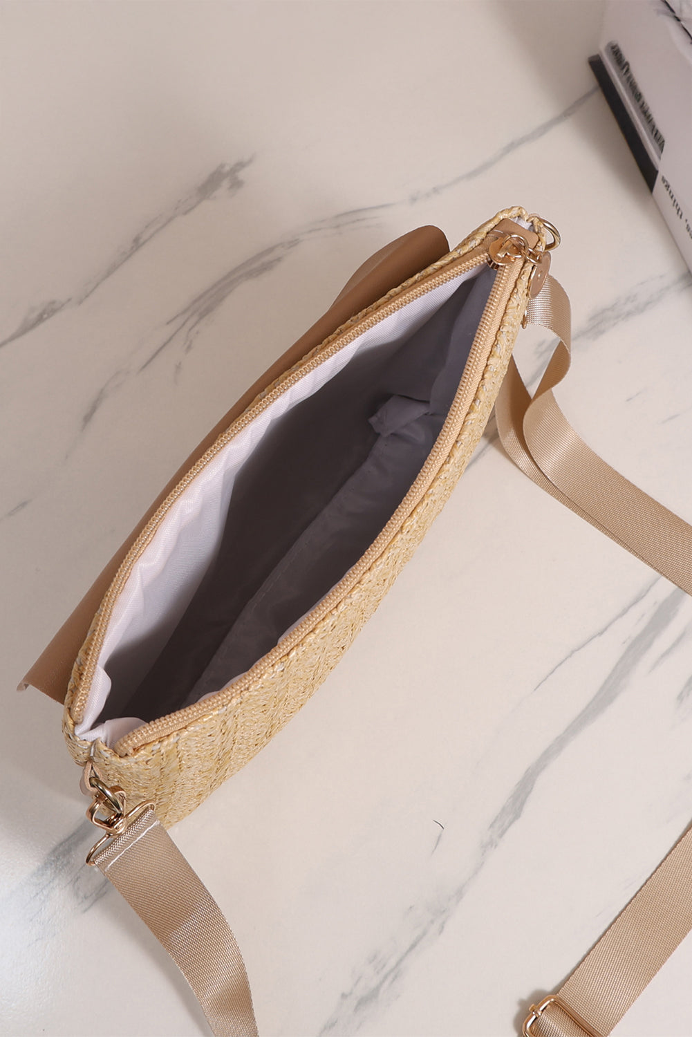 Thai Curry Leather Pocket Patchwork Straw Woven Shoulder Bag