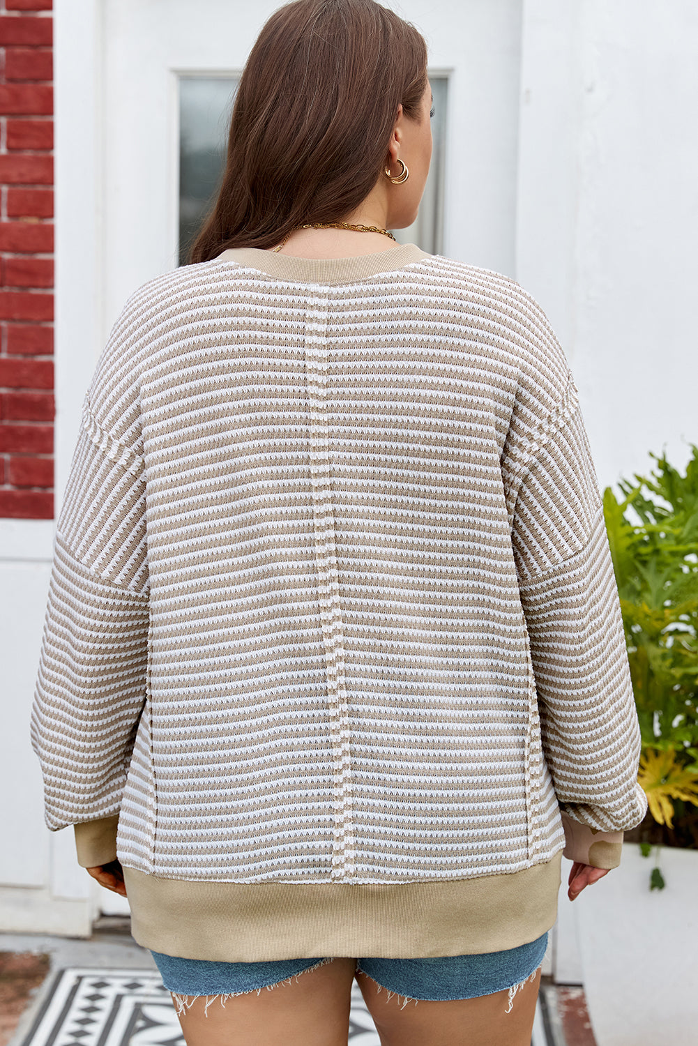 Red Stripe Ribbed Trim Drop Shoulder Long Sleeve Oversize Top