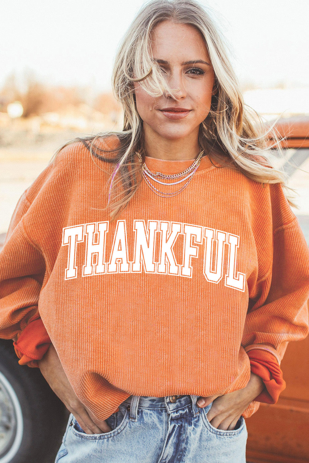 Orange Thankful Ribbed Crew Neck Thanksgiving Sweatshirt