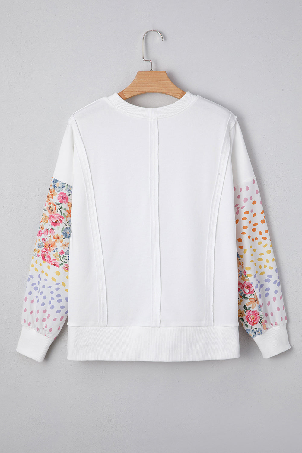 White Plus Size Exposed Seam Detail Contrast Dot Floral Patchwork Sleeve Sweatshirt