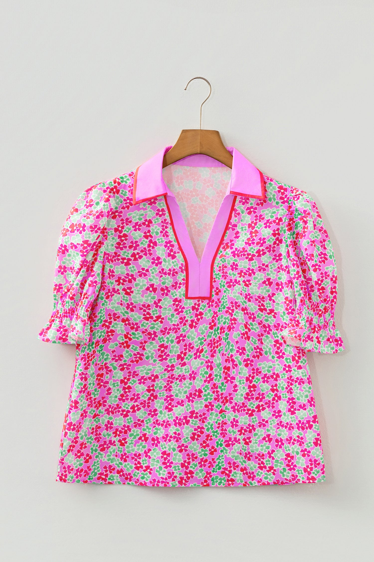 Rose Blooms Floral Collared V Neck Short Puff Sleeve Blouse Top