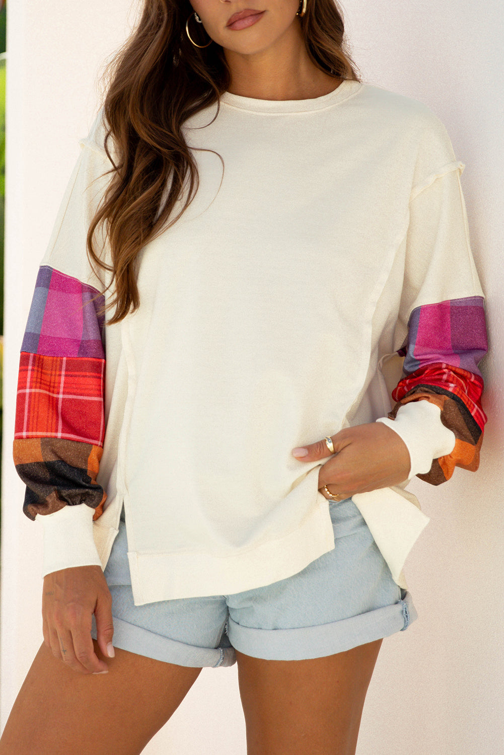 Beige Plus Size Multicolor Plaid Patchwork Sleeve Pullover Top