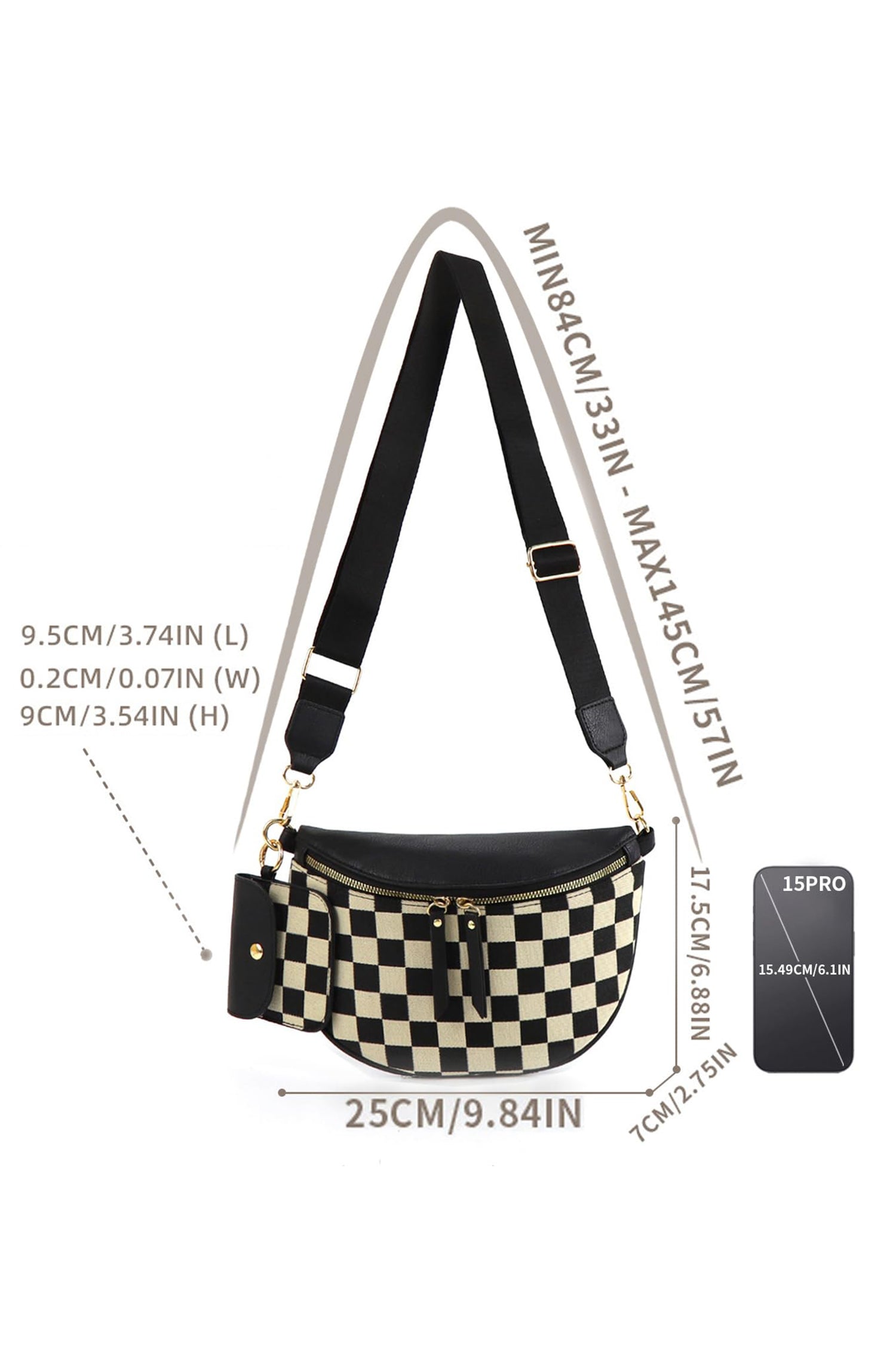 Coffee PU Leather Checkered Knit Patchwork Wallet Attached Shoulder Bag