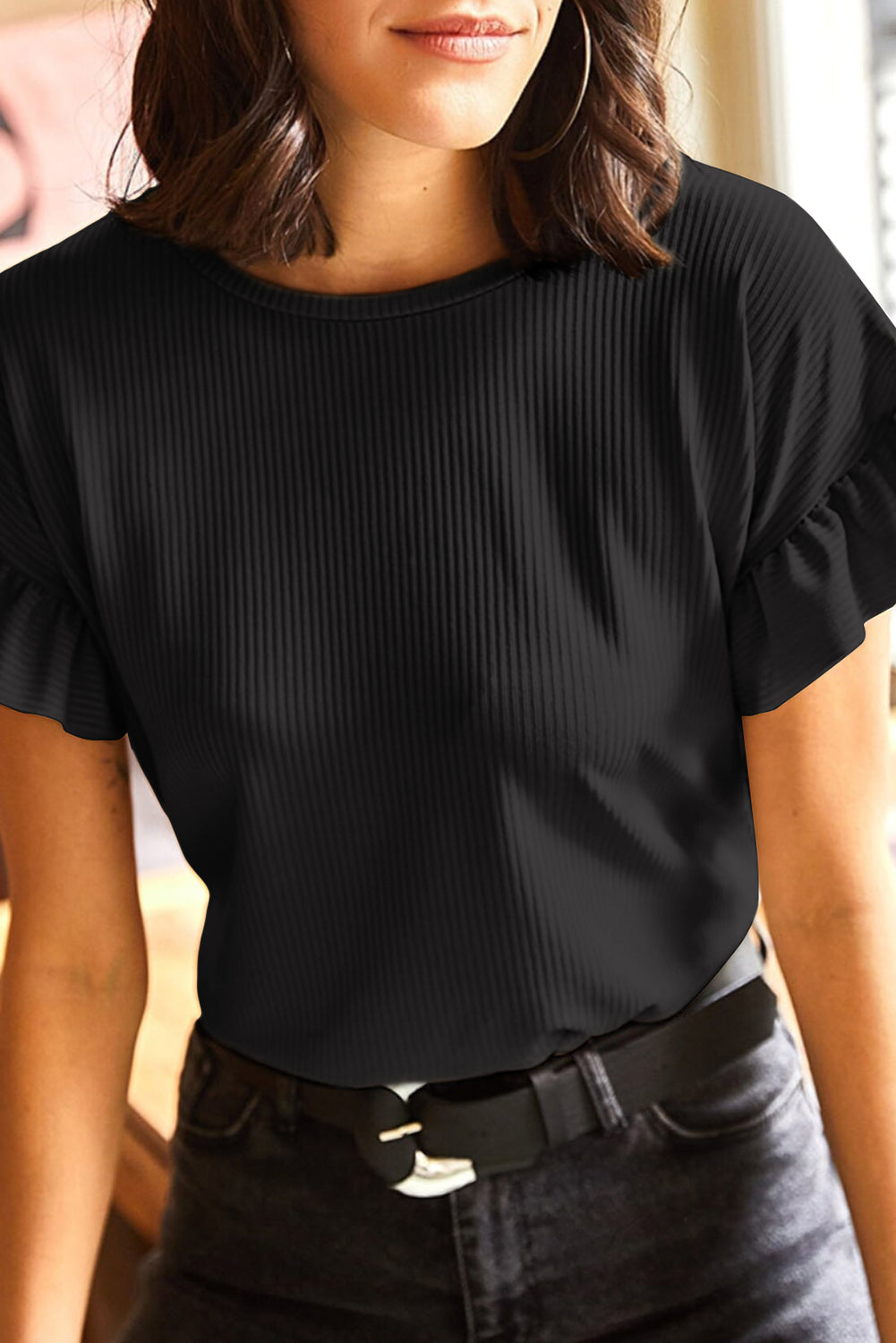 Blackish Green Solid Color Ribbed Ruffled Short Sleeve T Shirt