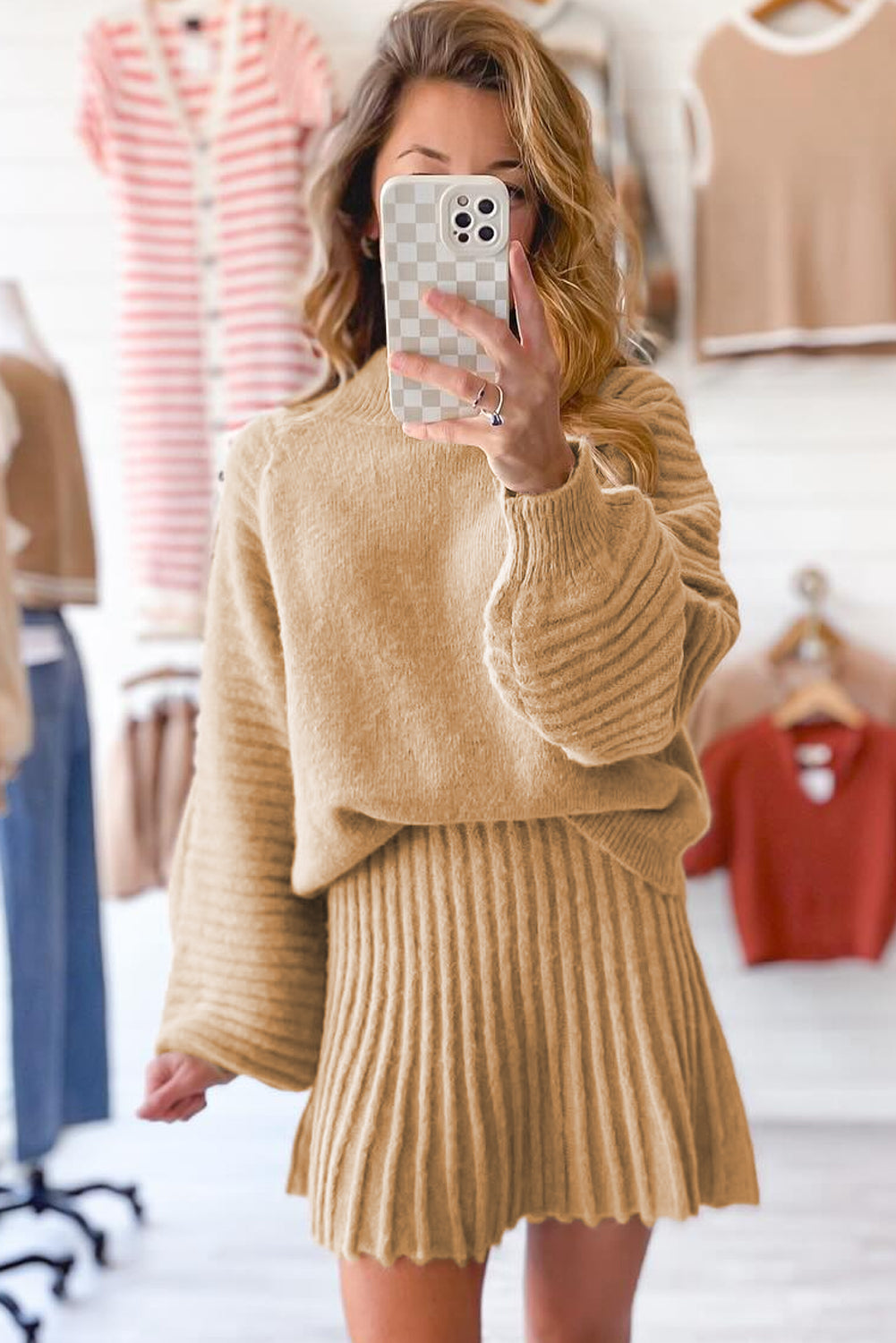 Smoke Gray High Neck Puff Sleeve Sweater Pleated Mini Skirt 2pcs Knitted Outfit