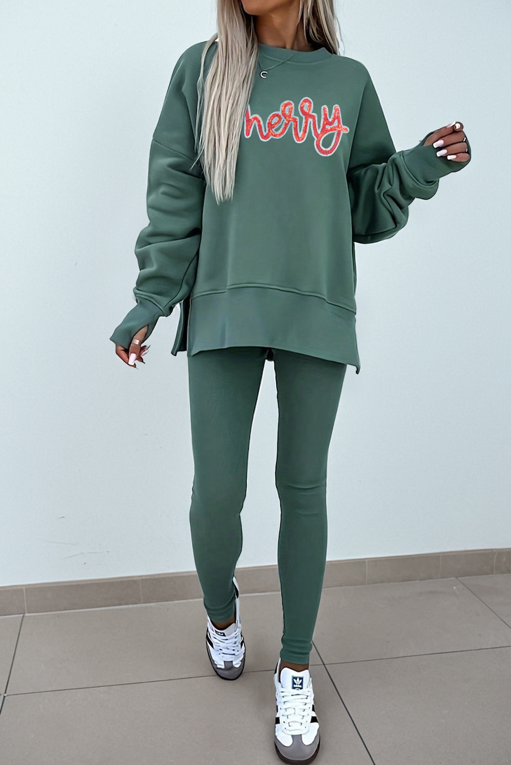 Black Solid Color Oversize Slit Sweatshirt Ribbed Leggings 2pcs Set