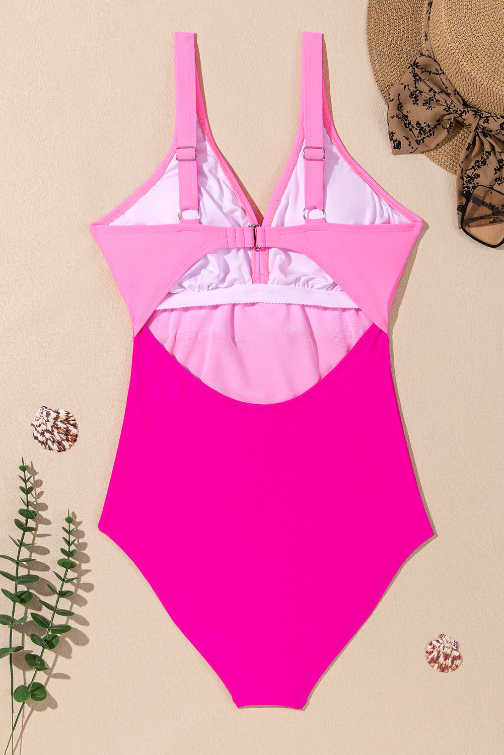 Sachet Pink V Neck Twisted Cutout Color Block One Piece Swimsuit