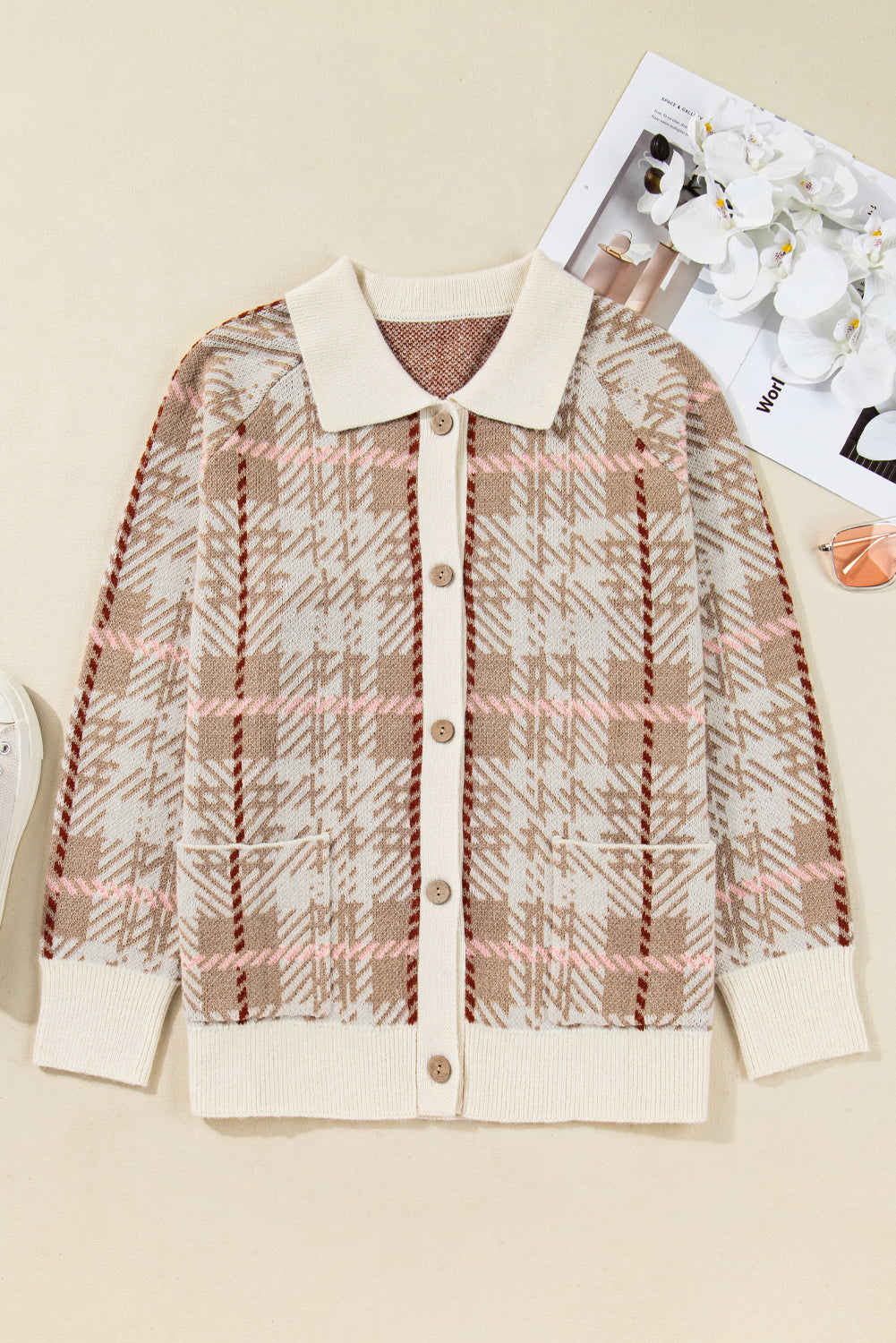 Khaki Vintage Pattern Ribbed Trim Button Front Plus Size Cardigan Sweater