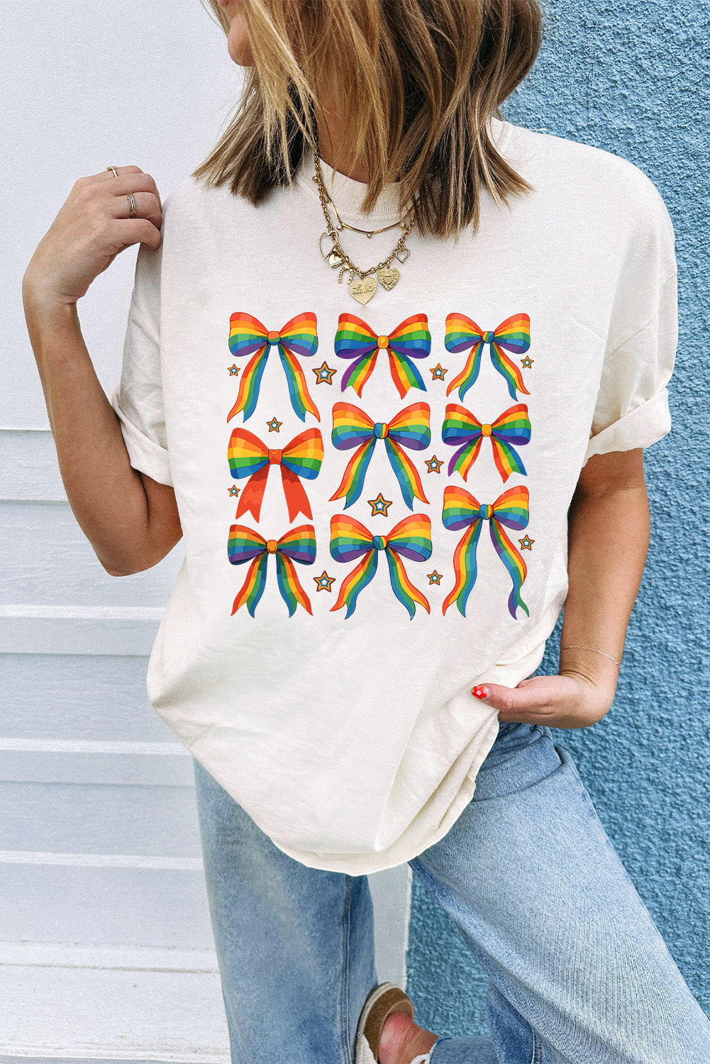 White Pride Bow Starry Print Cotton Blend T Shirt