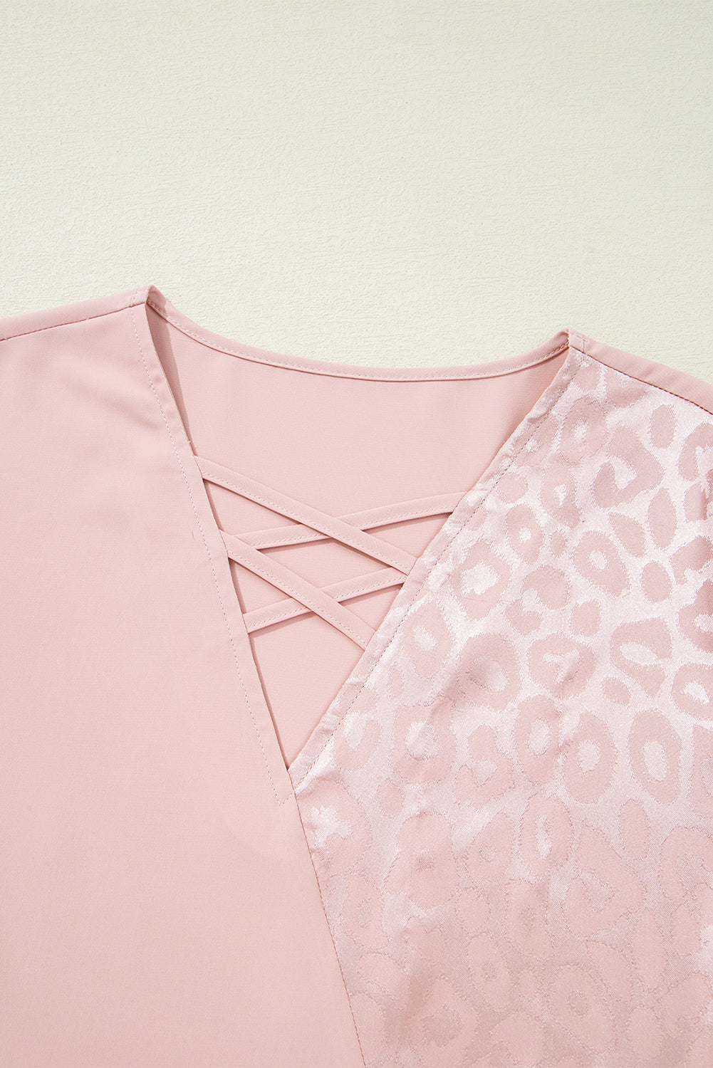 Apricot Pink Leopard Jacquard Patchwork Crisscross V Neck Short Sleeve Blouse