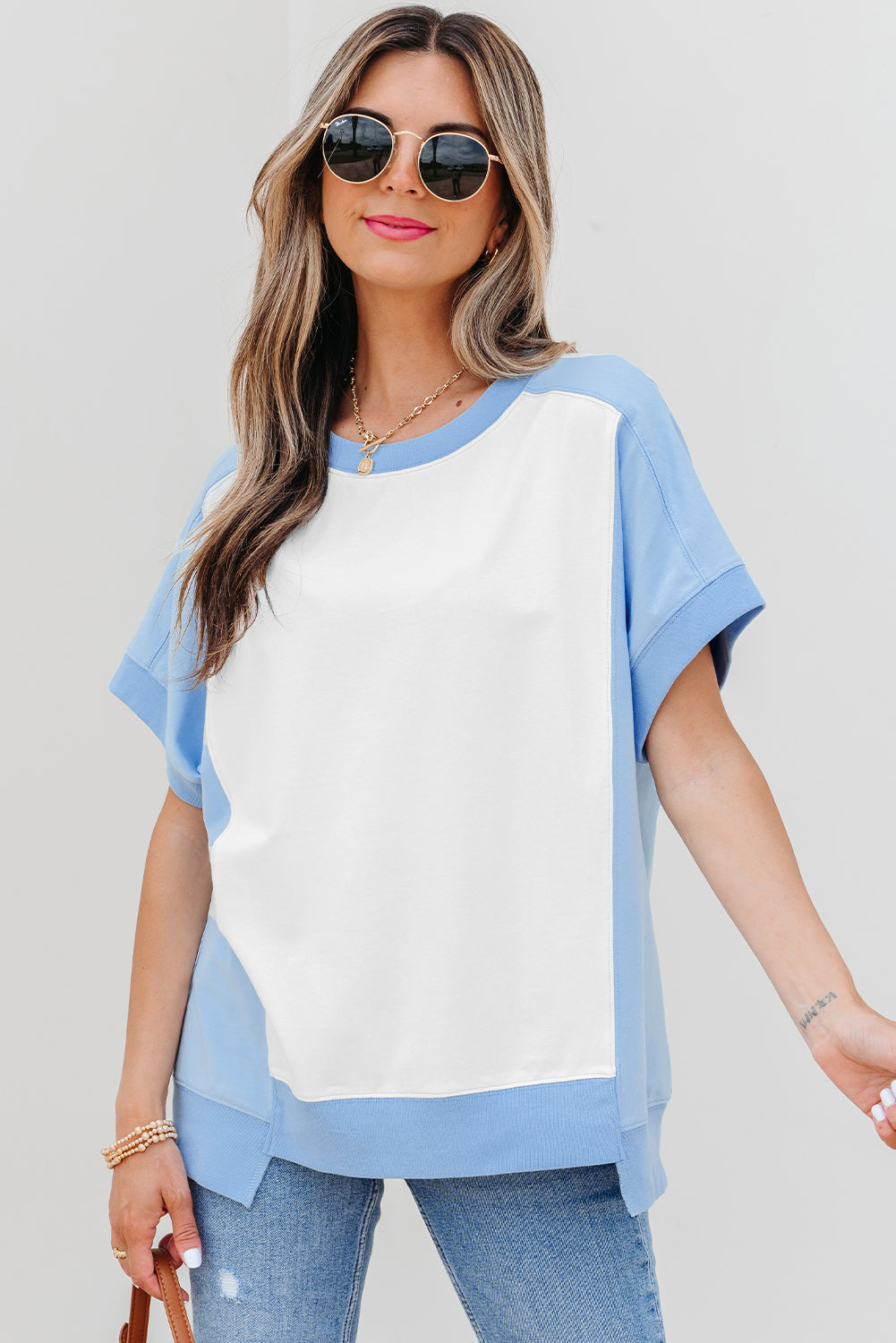 Light Green Color Block Exposed Seam Crew Neck T Shirt