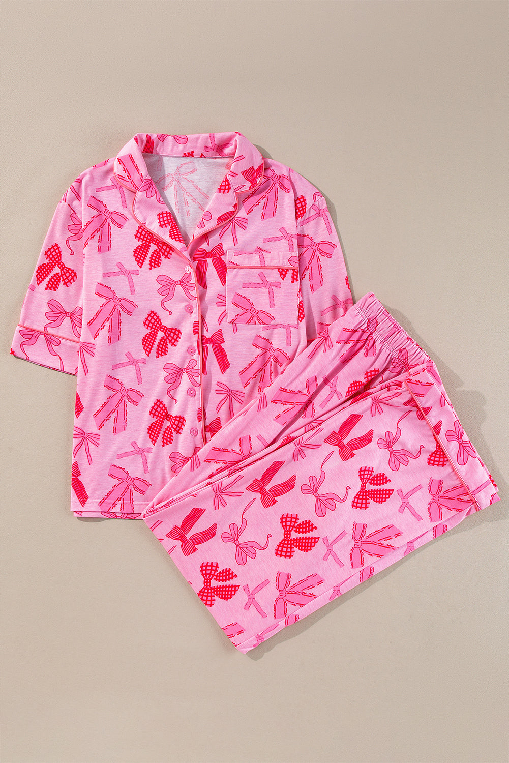 Pink Bow Print Half Sleeve Shirt and Shorts Pajamas Set