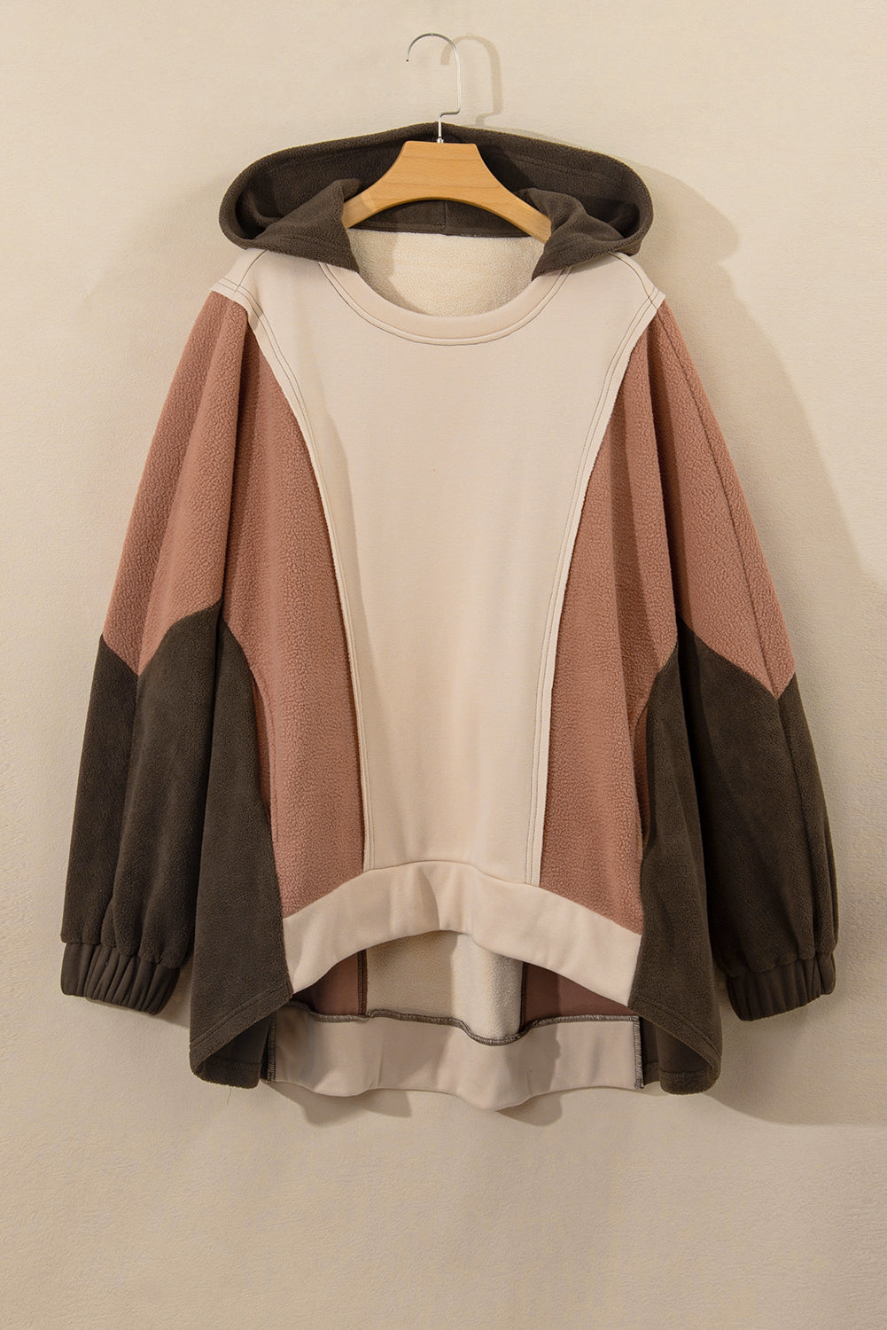 Beige Oversized Color Block Patchwork High Low Hoodie