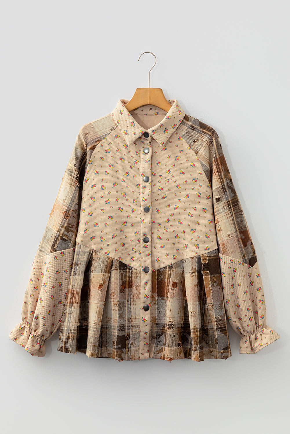 Mist Green Boho Floral Plaid Patchwork Distressed Detail Ruffled Sleeve Waffle Knit Shacket
